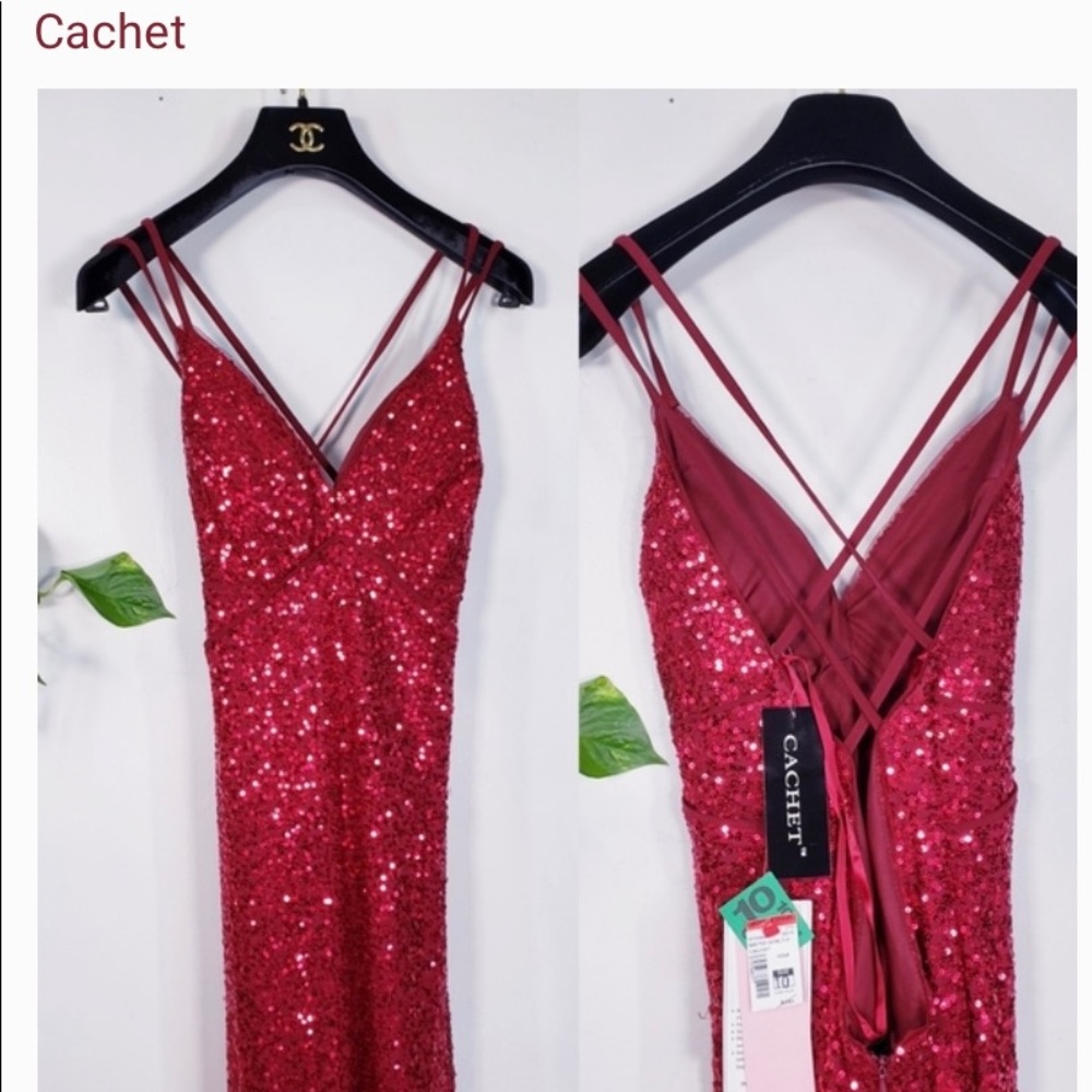 NWT Cachet Red Wine V-Neck backless showstopper sequined dress - Picture 2 of 4